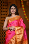 Durva Premium ~ Gadwal Pure Silk Handloom Saree in Rani Pink and Orange - verymuchindian.com
