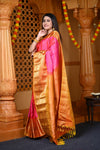 Durva Premium ~ Gadwal Pure Silk Handloom Saree in Rani Pink and Orange - verymuchindian.com