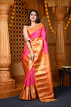 Durva Premium ~ Gadwal Pure Silk Handloom Saree in Rani Pink and Orange - verymuchindian.com