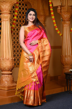 Durva Premium ~ Gadwal Pure Silk Handloom Saree in Rani Pink and Orange - verymuchindian.com