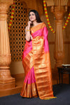 Durva Premium ~ Gadwal Pure Silk Handloom Saree in Rani Pink and Orange - verymuchindian.com