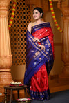 Durva Premium ~ Gadwal Pure Silk Handloom Saree in Red and Marine Blue - verymuchindian.com