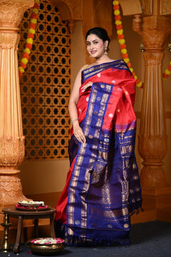 Durva Premium ~ Gadwal Pure Silk Handloom Saree in Red and Marine Blue - verymuchindian.com