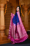 Durva Premium ~ Gadwal Pure Silk Handloom Saree in Royal Blue and Pink - verymuchindian.com