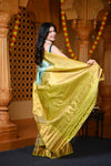 Durva Premium ~ Gadwal Pure Silk Handloom Saree in Sea Green and Yellow - verymuchindian.com