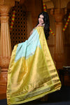 Durva Premium ~ Gadwal Pure Silk Handloom Saree in Sea Green and Yellow - verymuchindian.com