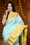 Durva Premium ~ Gadwal Pure Silk Handloom Saree in Sea Green and Yellow - verymuchindian.com