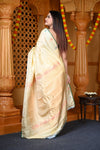 Durva Premium ~ Gadwal Pure Silk Handloom Saree in Shwet White - verymuchindian.com