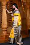 Durva Premium ~ Gadwal Pure Silk Handloom Saree in Yellow and Light Blue - verymuchindian.com