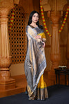 Durva Premium ~ Gadwal Pure Silk Handloom Saree in Yellow and Light Blue - verymuchindian.com