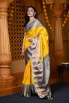 Durva Premium ~ Gadwal Pure Silk Handloom Saree in Yellow and Light Blue - verymuchindian.com