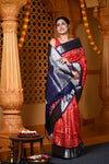 Durva Premium ~ Handloom Brocade Pure Soft Silk Ikkat Saree in Red and Blue (Limited Edition) - verymuchindian.com