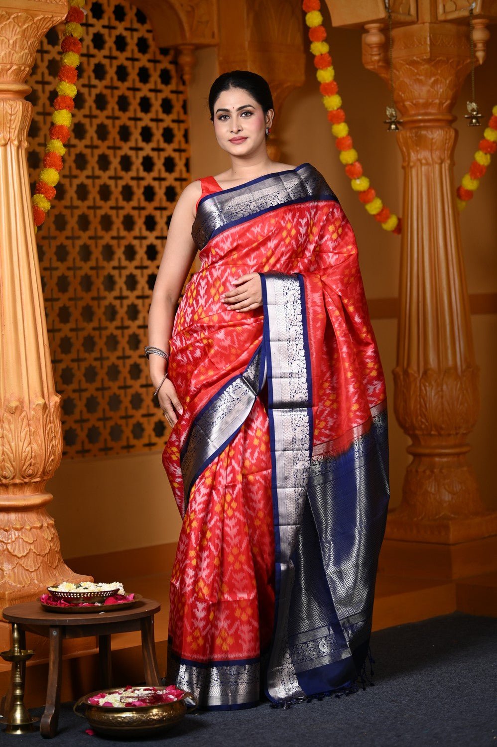 Durva Premium ~ Handloom Brocade Pure Soft Silk Ikkat Saree in Red and Blue (Limited Edition) - verymuchindian.com