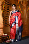 Durva Premium ~ Handloom Brocade Pure Soft Silk Ikkat Saree in Red and Blue (Limited Edition) - verymuchindian.com