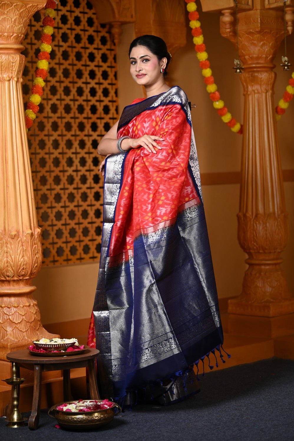 Durva Premium ~ Handloom Brocade Pure Soft Silk Ikkat Saree in Red and Blue (Limited Edition) - verymuchindian.com