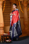 Durva Premium ~ Handloom Brocade Pure Soft Silk Ikkat Saree in Red and Blue (Limited Edition) - verymuchindian.com