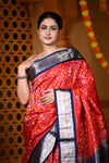 Durva Premium ~ Handloom Brocade Pure Soft Silk Ikkat Saree in Red and Blue (Limited Edition) - verymuchindian.com