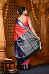 Durva Premium ~ Handloom Brocade Pure Soft Silk Ikkat Saree in Red and Blue (Limited Edition) - verymuchindian.com