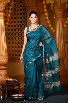 Durva Premium ~ Handloom Cotton Silk with Sleek Designer Border in Azure Blue - verymuchindian.com