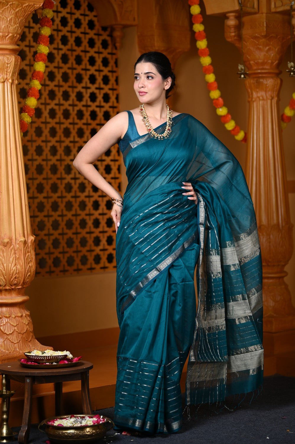 Durva Premium ~ Handloom Cotton Silk with Sleek Designer Border in Azure Blue - verymuchindian.com