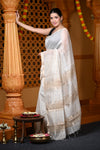 Durva Premium ~ Handloom Cotton Silk with Sleek Designer Border in White - verymuchindian.com