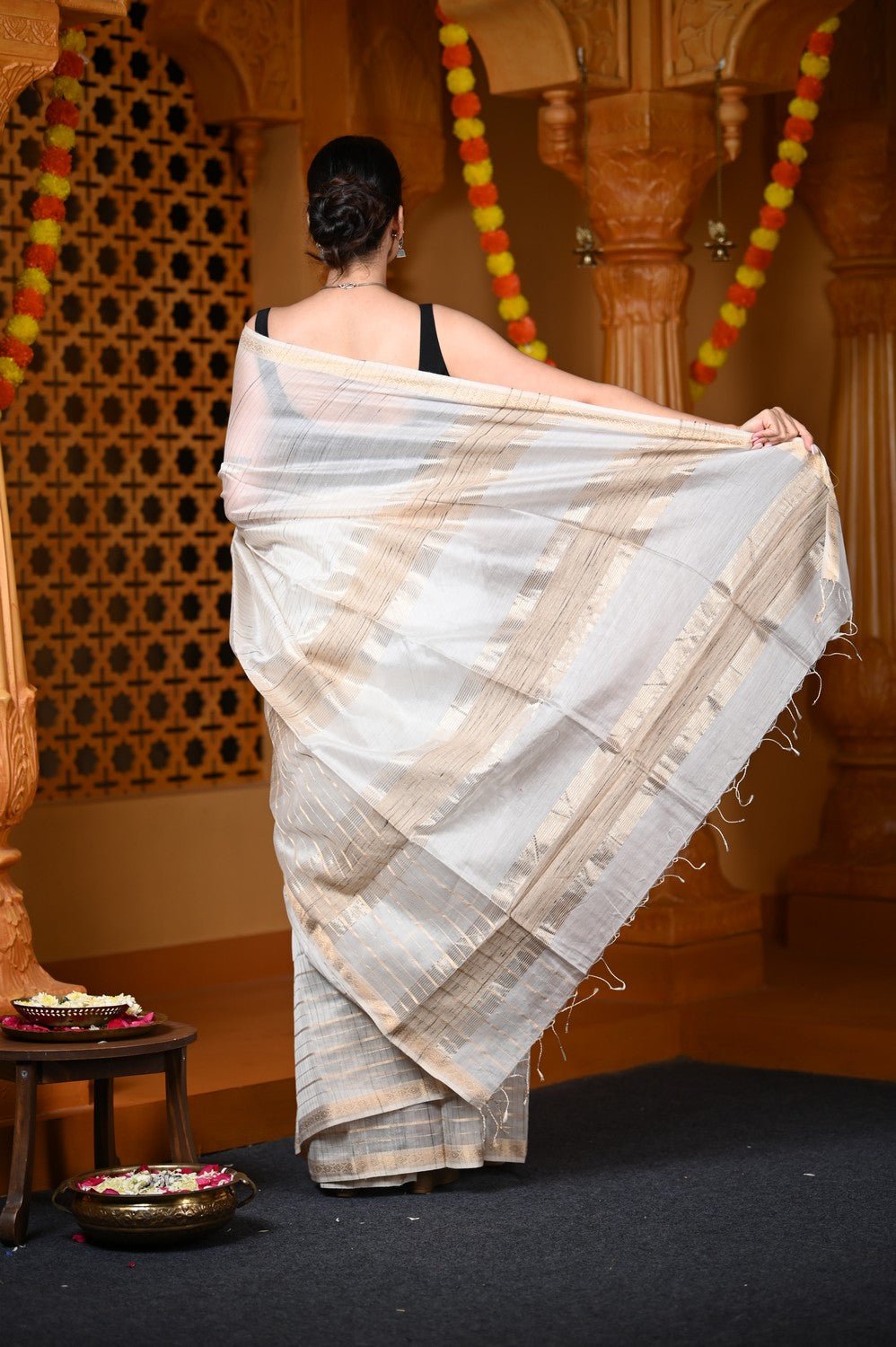 Durva Premium ~ Handloom Cotton Silk with Sleek Designer Border in White - verymuchindian.com