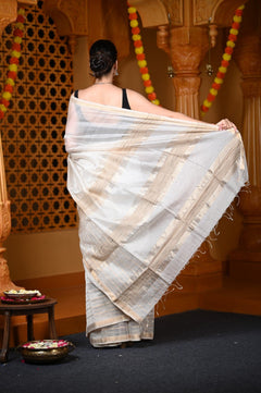 Durva Premium ~ Handloom Cotton Silk with Sleek Designer Border in White - verymuchindian.com