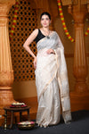 Durva Premium ~ Handloom Cotton Silk with Sleek Designer Border in White - verymuchindian.com