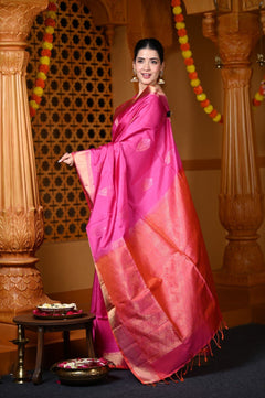 Durva Premium ~ Handloom Pure Mulberry Silk Saree in Rani Pink (Limited Edition) - verymuchindian.com