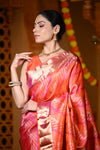 Durva Premium ~ Handloom Pure Mulberry Silk Tissue Kanjeevaram Saree in Orange Pink (Limited Edition) - verymuchindian.com