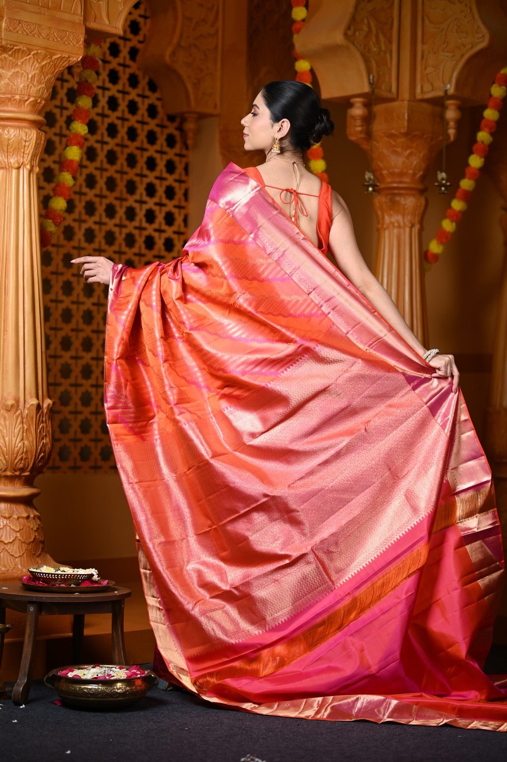 Durva Premium ~ Handloom Pure Mulberry Silk Tissue Kanjeevaram Saree in Orange Pink (Limited Edition) - verymuchindian.com