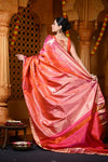 Durva Premium ~ Handloom Pure Mulberry Silk Tissue Kanjeevaram Saree in Orange Pink (Limited Edition) - verymuchindian.com