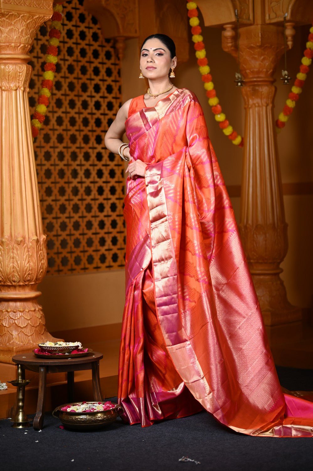 Durva Premium ~ Handloom Pure Mulberry Silk Tissue Kanjeevaram Saree in Orange Pink (Limited Edition) - verymuchindian.com