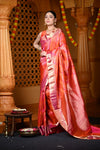Durva Premium ~ Handloom Pure Mulberry Silk Tissue Kanjeevaram Saree in Orange Pink (Limited Edition) - verymuchindian.com