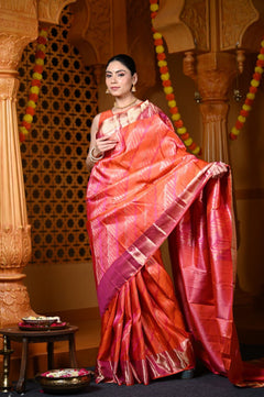 Durva Premium ~ Handloom Pure Mulberry Silk Tissue Kanjeevaram Saree in Orange Pink (Limited Edition) - verymuchindian.com