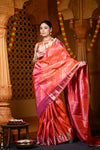 Durva Premium ~ Handloom Pure Mulberry Silk Tissue Kanjeevaram Saree in Orange Pink (Limited Edition) - verymuchindian.com