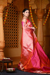Durva Premium ~ Handloom Pure Mulberry Silk Tissue Kanjeevaram Saree in Orange Pink (Limited Edition) - verymuchindian.com