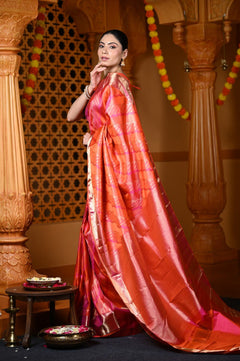 Durva Premium ~ Handloom Pure Mulberry Silk Tissue Kanjeevaram Saree in Orange Pink (Limited Edition) - verymuchindian.com