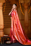 Durva Premium ~ Handloom Pure Mulberry Silk Tissue Kanjeevaram Saree in Orange Pink (Limited Edition) - verymuchindian.com