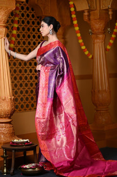 Durva Premium ~ Handloom Pure Silk Kanjeevaram Tissue Saree in Purple Pink (Limited Edition) - verymuchindian.com
