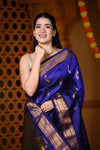 Durva Premium~ Handloom Pure Silk Paithani with Nath Buttis and Maharani Pallu in Royal Blue - verymuchindian.com