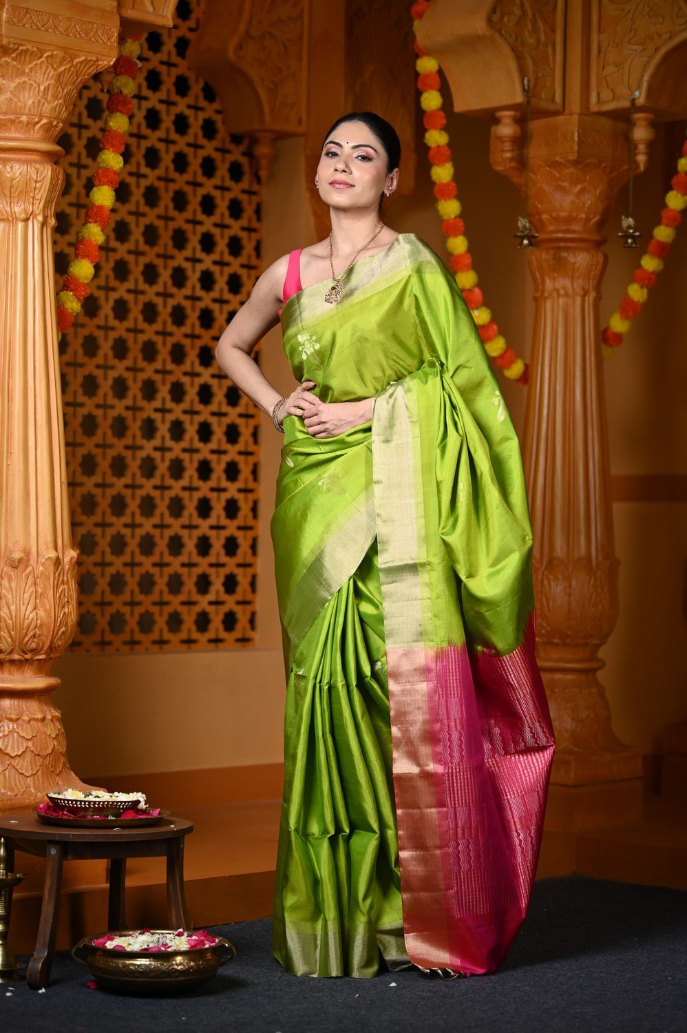 Durva Premium ~ Handloom Pure Soft Silk Saree in Lemon Green Pink (Limited Edition) - verymuchindian.com