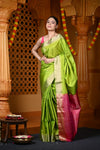 Durva Premium ~ Handloom Pure Soft Silk Saree in Lemon Green Pink (Limited Edition) - verymuchindian.com