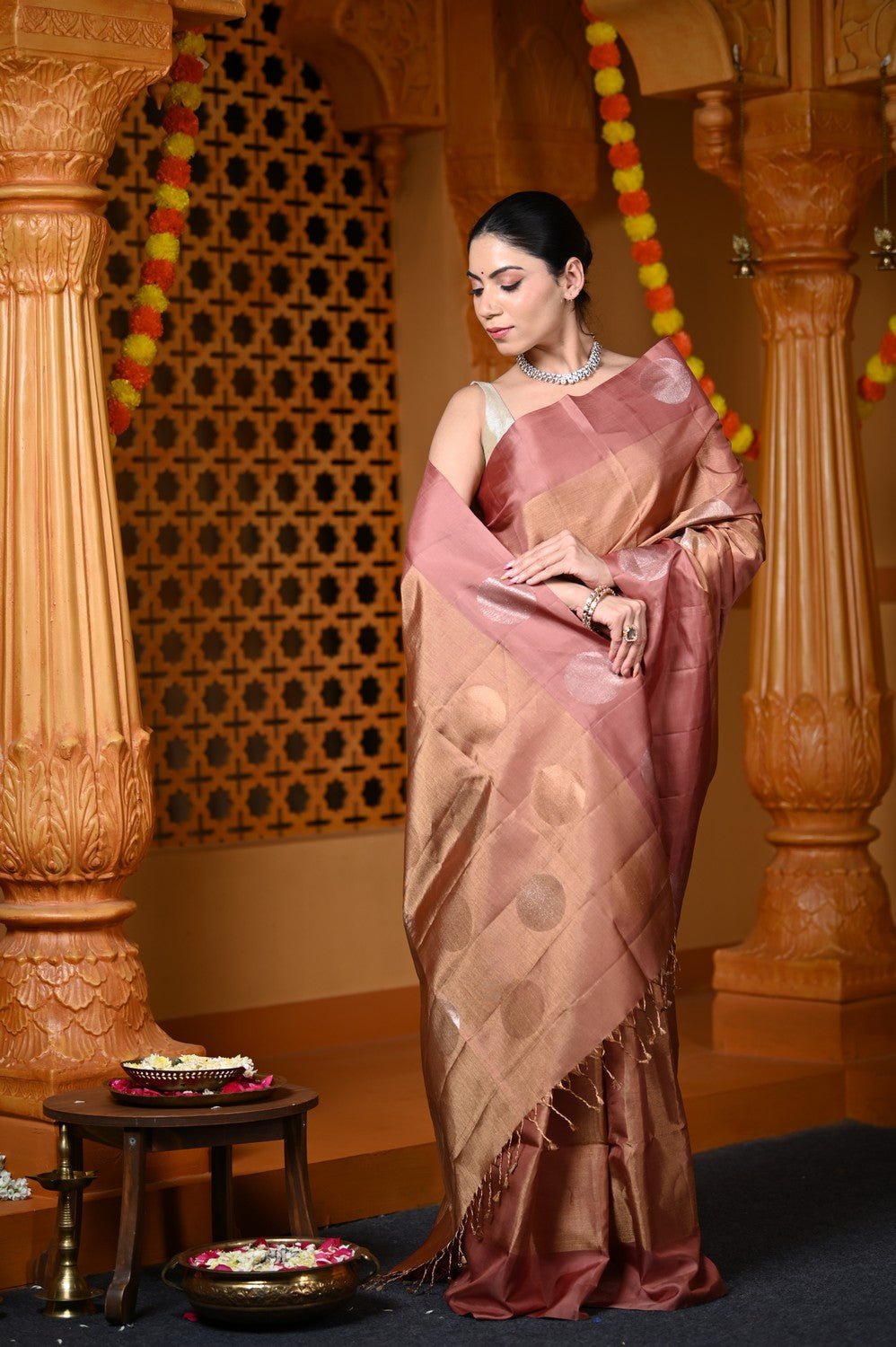 Durva Premium ~ Handloom Pure Soft Silk Tissue Saree in Slaked Brown (Designer Limited Edition) - verymuchindian.com