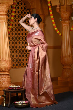 Durva Premium ~ Handloom Pure Soft Silk Tissue Saree in Slaked Brown (Designer Limited Edition) - verymuchindian.com