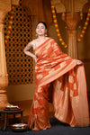 Durva Premium~ Viscose Georgette Hand-dyed Rangkaath Saree in Checkerds Orange (Vegan Weave) - verymuchindian.com
