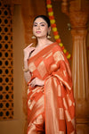 Durva Premium~ Viscose Georgette Hand-dyed Rangkaath Saree in Checkerds Orange (Vegan Weave) - verymuchindian.com