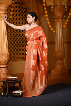 Durva Premium~ Viscose Georgette Hand-dyed Rangkaath Saree in Checkerds Orange (Vegan Weave) - verymuchindian.com