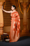 Durva Premium~ Viscose Georgette Hand-dyed Rangkaath Saree in Checkerds Orange (Vegan Weave) - verymuchindian.com