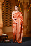 Durva Premium~ Viscose Georgette Hand-dyed Rangkaath Saree in Checkerds Orange (Vegan Weave) - verymuchindian.com